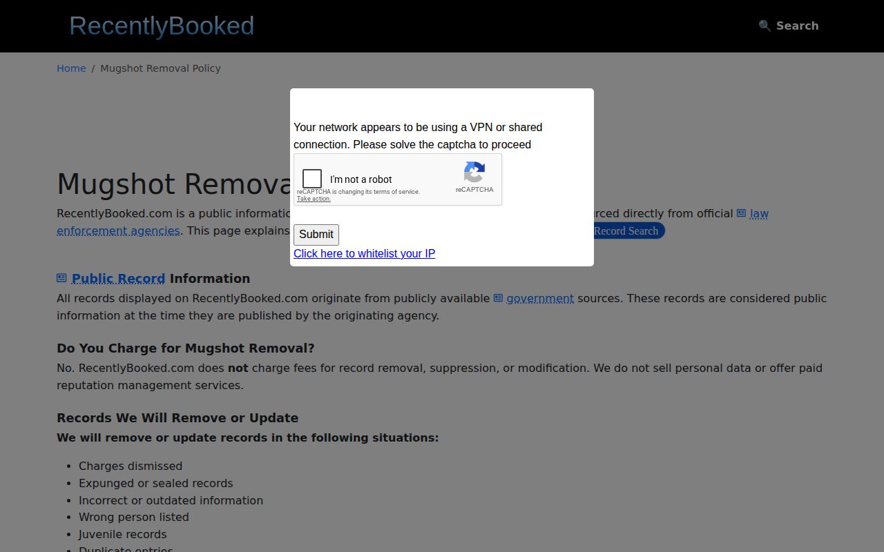 Pope County booking record free correction and removal policy