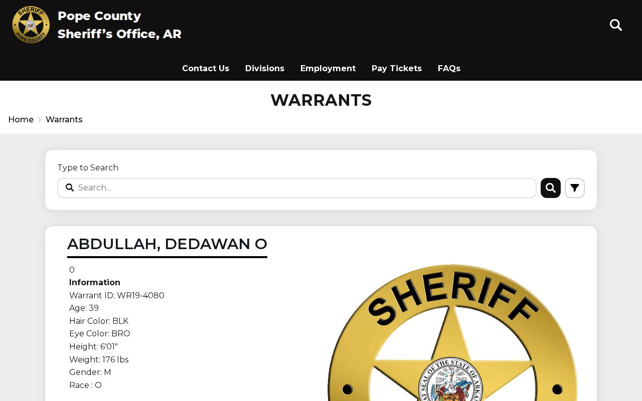 Pope County Sheriff's Office official searchable warrant record portal