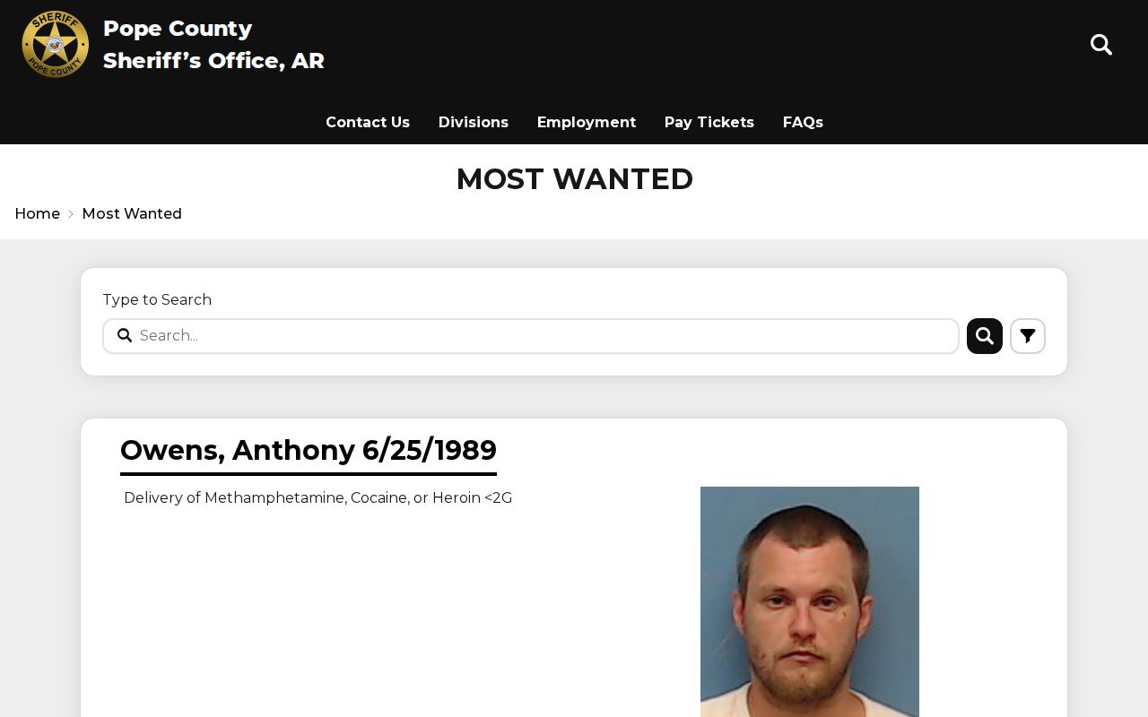 Pope County Sheriff's Office official Most Wanted record interface